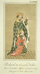 リチャード2世王（1367-1400）と父親のエドワード（1330-76）黒王子、イギリスの民衆の服と習慣の完全な眺め第2巻のイラスト、1799年（色付き） 作： English School