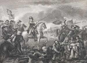 1690年に出版された「歴史的肖像画のギャラリー」からのボインの戦いでのウィリアム3世王 作： English School