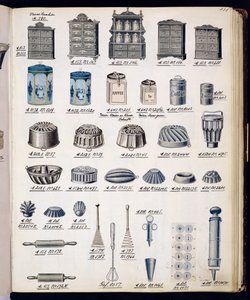 国産品および付属品の貿易カタログからの台所の貯蔵および調理器具、c.1890-1910