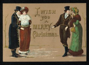 冬服を着た紳士淑女、クリスマスのグリーティングカード。(クロモリト) 作： English School