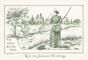 紳士に見守られながら釣りをする女性、クリスマスカード（クロモリト） 作： English School