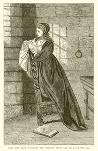 夫が処刑に導かれるのを見ているジェーングレイ夫人、1554年 作： English School