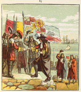「オレンジのウィリアムの上陸」。 1688 年 11 月 5 日、ウィリアムはイングランドに侵攻した。 作： English School