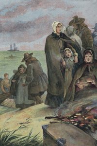 メイフラワー号での航海後の巡礼者たちのアメリカ上陸、1620年 作： English School