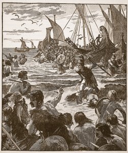 ケントの海岸でのローマ人の上陸、カッセルズのイラスト入りイングランドの歴史（イラスト、セピア写真） 作： English School