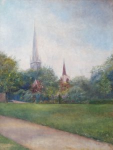 教会を背景にした風景 作： English School