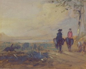 以前はJMWターナー（1775-1851）によるもので、ピータードウィント（1784-1849）、1815-25（紙に油彩）によるもので、湖と2人の乗馬のある風景 作： English School