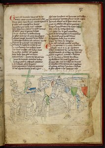 Lansdowne 782 f.27r 「シャンソン・ダ・アスプルモン」からのマウントされた騎士の間の戦い、c.1240-50（ベラム）