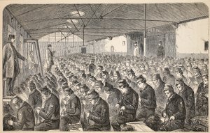 Middlesex House of Correction、Coldbath Fieldsにある大きなOakumルーム（サイレントシステムの下）、ロンドンの刑務所刑務所のイラスト、Henry MayhewとJohnによる刑務所の生活のシーン 作： English School
