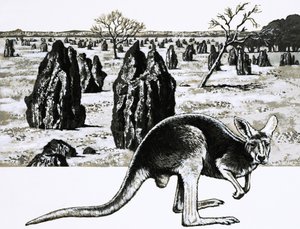 オーストラリアのダーウィン近くの大きなシロアリの塚と、手前のカンガルー 作： English School