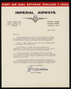 1929年3月、インペリアル・エアウェイズによるイギリス・インド間の初の航空郵便サービス開始（リトグラフ