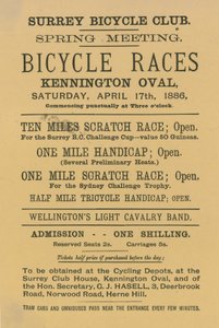 1886年4月17日、ケニントンオーバルで自転車レースを宣伝するリーフレット 作： English School