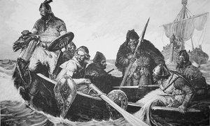 ニューファウンドランドと思われるヴィンランド・ザ・グッドの海岸を発見するレイフ・エリクソン（彫刻作品 作： English School