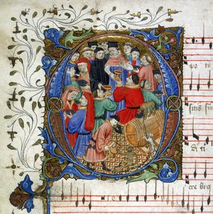 ウィンザーキャロルブックからの中世の飲酒歌の手紙、1440年頃（ミニチュア） 作： English School