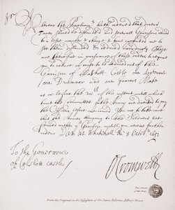 1651年、オリバー・クロムウェルからのカルショット城知事への手紙、ジェームズ・フェローズ卿、アドベリー・ハウスが所持していた原本の複製 作： English School