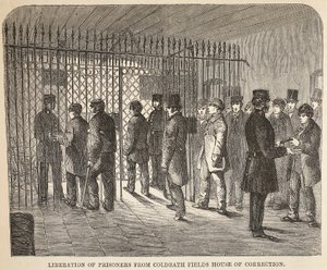 Coldbath Fields House of Correctionからの囚人の解放、ロンドンの刑務所刑務所からのイラスト、Henry MayhewとJohn Binnyによる刑務所生活のシーン、パブ。 1862 作： English School