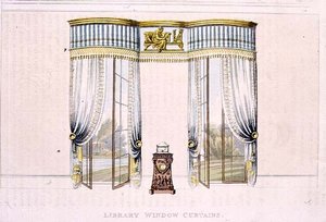 図書館の窓のカーテン、1819年に出版されたアッカーマンの「芸術のリポジトリ」のプレート106（カラーリトグラフ）。 作： English School