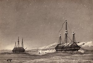 ウィリアム・パリー中尉の最初の航海：ウィンターハーバーでのHMSヘクラとHMSグリッパー、1819年頃（ペンと水墨画、紙で洗う）