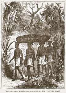 Livingstonesの信者は彼の体を海岸に持ってきました。イラストは、Pictorial Edition of the Life and Discoveries of David Livingstone by J. Ewing Richie、pubです。 A. Fullarton＆Co.、1876年（li 作： English School