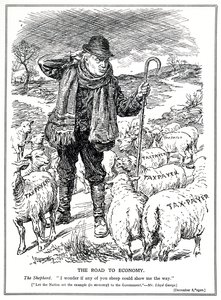 1920年12月、イギリスの羊飼いとしてのロイドジョージは、経済の回復を主導するように納税者（羊）に要求します。 作： English School