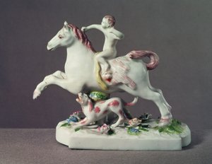 馬に乗るキューピッドのロングトンホールのフィギュア、1755年頃（磁器） 作： English School