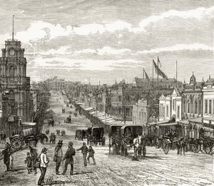 1886年、メルボルンのバークストリートを東に見下ろす、ハワードウィロビー著「オーストラリアの写真」、宗教協会、ロンドン、1886年発行 作： English School