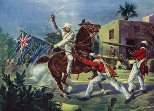 ロバーツ卿は、クダガンジでイギリス軍の旗をめぐって 2 つのセポイと戦い、インディアン反乱の際にビクトリア十字章を授与されました。 作： English School