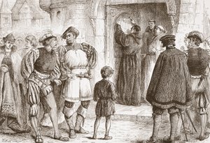 ルターは、ヴィッテンベルクのシュロスカークのドアに論文を釘付けにしています。イラストは、ジェームズエイトケンワイリーによるプロテスタンティズムの歴史（1808-1890）、パブです。 1878 作： English School