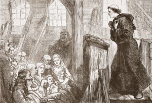 ヴィッテンベルクの古い木造の教会で説教をしているルター、ジェームズエイトケンワイリー（1808-1890）によるプロテスタンティズムの歴史のイラスト、パブ。 1878 作： English School