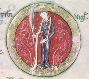 MS Hunter 229 f.4v Virgo、Hunterian Psalter から、1170 年頃 (ベラム紙にペンとインク、テンペラ) (詳細) 作： English School