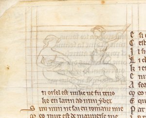 MS McClean 123 f.40v 1280年から1300年頃の『ナニートン書』に収録された、処女の膝の上に裸で横たわるユニコーンを狩人が捕まえる様子を描いた細密画の下絵（羊皮紙にインク）（418062の詳細 作： English School