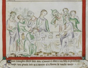 MS Royal 2 BVII、f.43 ペリシテの饗宴でのサムソンとデリラの出会い、「女王メアリー詩篇」の詳細 作： English School