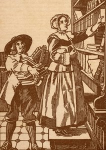 17世紀の書店（リソ）で働く男性と女性の書店 作： English School