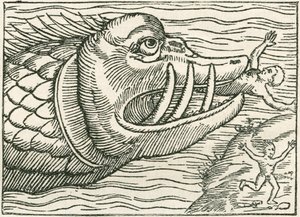 海蛇に食われる人間。オラウス・マグヌスが作成した地図の余白に描かれたイラスト。 作： English School
