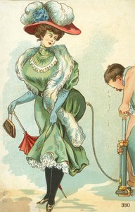 エドワード朝時代の女性のスカートをポンプで膨らませる男性（カラーリトグラフ）