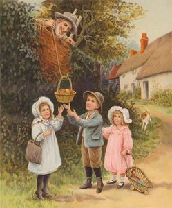 果物の入った籠を子供たちに下げる男（クロモリト） 作： English School