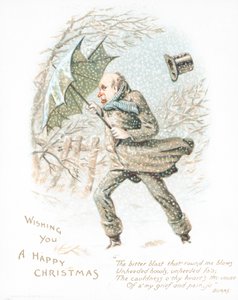 強い風、クリスマスカードで雪の中を歩く男 作： English School