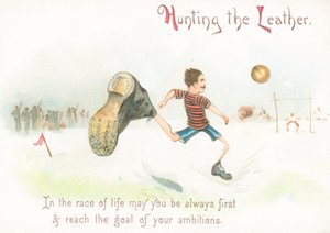 サッカーでゴールを決めようとしている口ひげを持つ男 作： English School