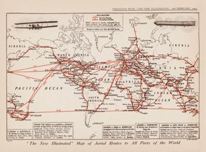 世界各地への航空路線図（カラーリトグラフ） 作： English School
