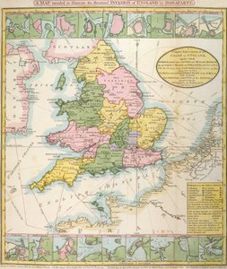 ナポレオン・ボナパルト（1769-1821）による1803年の脅迫された侵略を示す英国の地図（カラーリソ） 作： English School