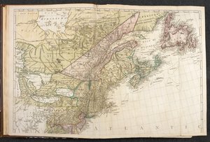 北米の地図、アメリカとカナダの東海岸の詳細、「アメリカン アトラス」より。 Jefferys、Faden、およびその他によって発行された北米の一般的および特定の地図と計画の雑多なコレクションを含む 作： English School