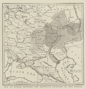 飢饉の影響を受けた地区を示すロシアの地図 作： English School