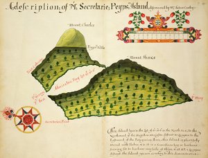 マゼラン海峡のセクレテア島とピープス島の地図、1628年頃（紙にペン、インク、水彩） 作： English School