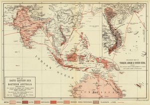東南アジアと北オーストラリアの地図、中国のトンキン、アンナム、コチンの拡大図（カラーリトグラフ 作： English School