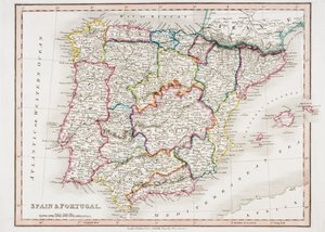 1850年にロンドンのC. Smith Mapsellerによって発行された「Smith&39;s General Atlas」からのスペインとポルトガルの地図（カラーリソ）