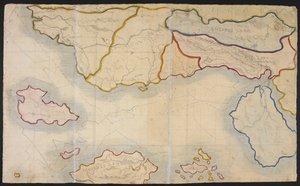 ヴェルドポリス、またはグラス タウンの地図。 架空の土地、パトリック ブランウェル ブロンテとその妹シャーロットによる「The History of the Young Men to their First Settlement to the Present Time」のイラスト（紙に水彩の鉛筆） 作： English School