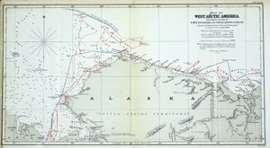 1850年から1854年までのHMS EnterpriseおよびInvestigatorの軌跡を示す西北極アメリカの地図 作： English School