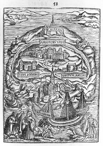 ユートピア島の地図、本の表紙、1563 作： English School