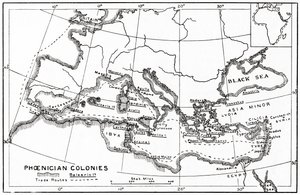 フェニキアの植民地とその地中海交易路の地図 作： English School