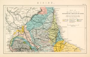 ノーサンバーランド、カンバーランド、ダラムの炭田地図（カラーリトグラフ） 作： English School